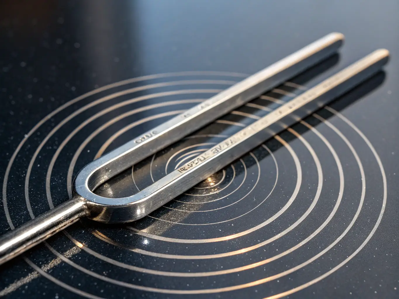 A close-up image of a tuning fork vibrating, with sound waves emanating outwards in a visually appealing pattern.