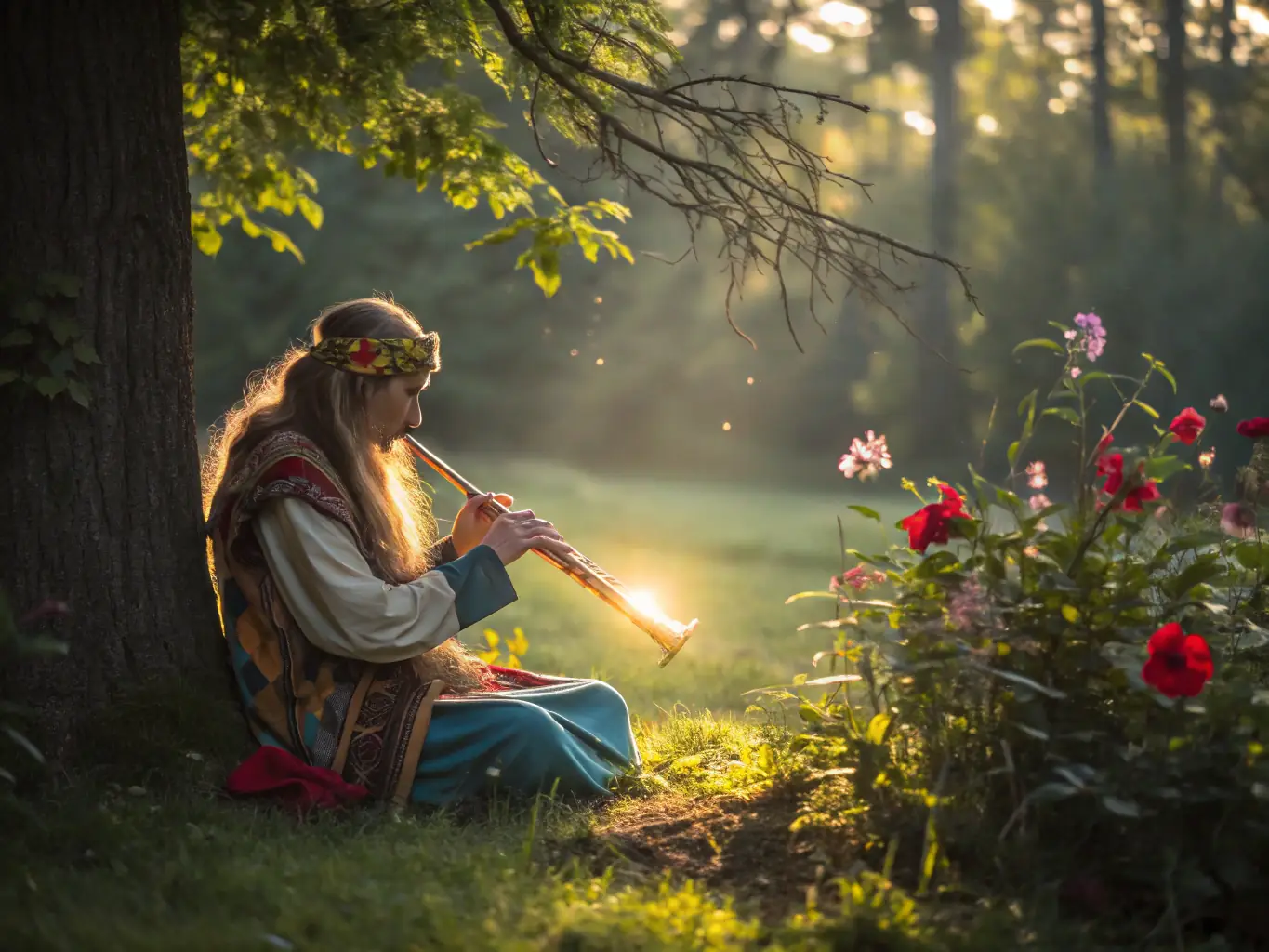 A serene image of a woman playing a flute in a sunlit forest, with gentle light filtering through the trees and musical notes visualized as glowing orbs floating around her.