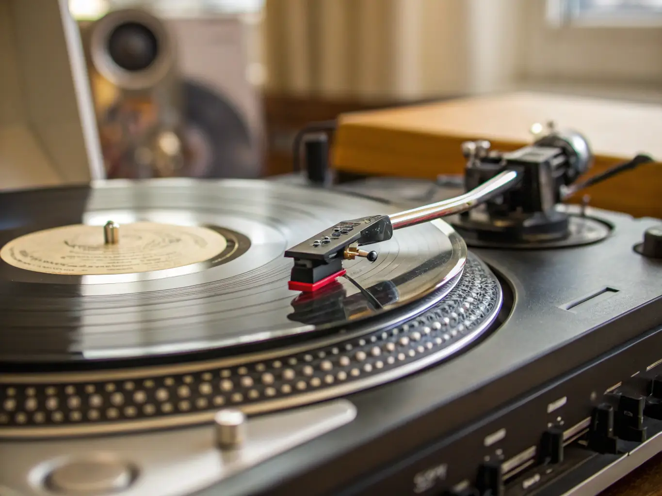 A close-up image of a vinyl record spinning on a turntable, with the grooves reflecting light in a mesmerizing pattern. The background is softly blurred to emphasize the record.