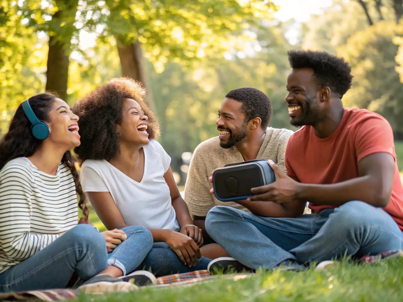 An image of a diverse group of people enjoying music together in a peaceful outdoor setting, symbolizing community and shared experience.