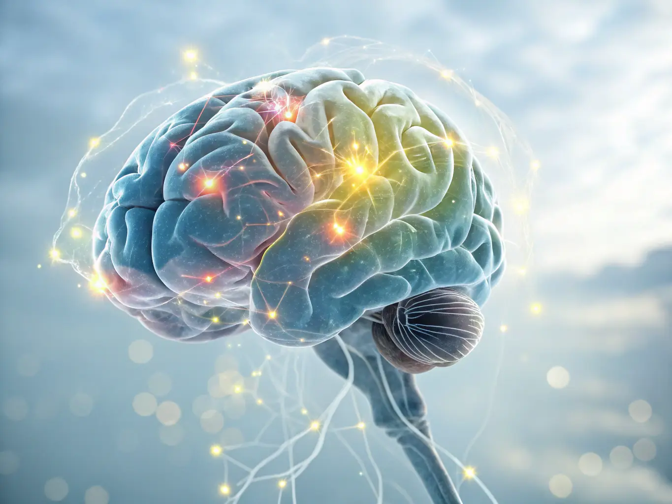 An image depicting a brain with glowing neural pathways, symbolizing improved cognitive function and mental clarity attributed to listening to 432Hz music.