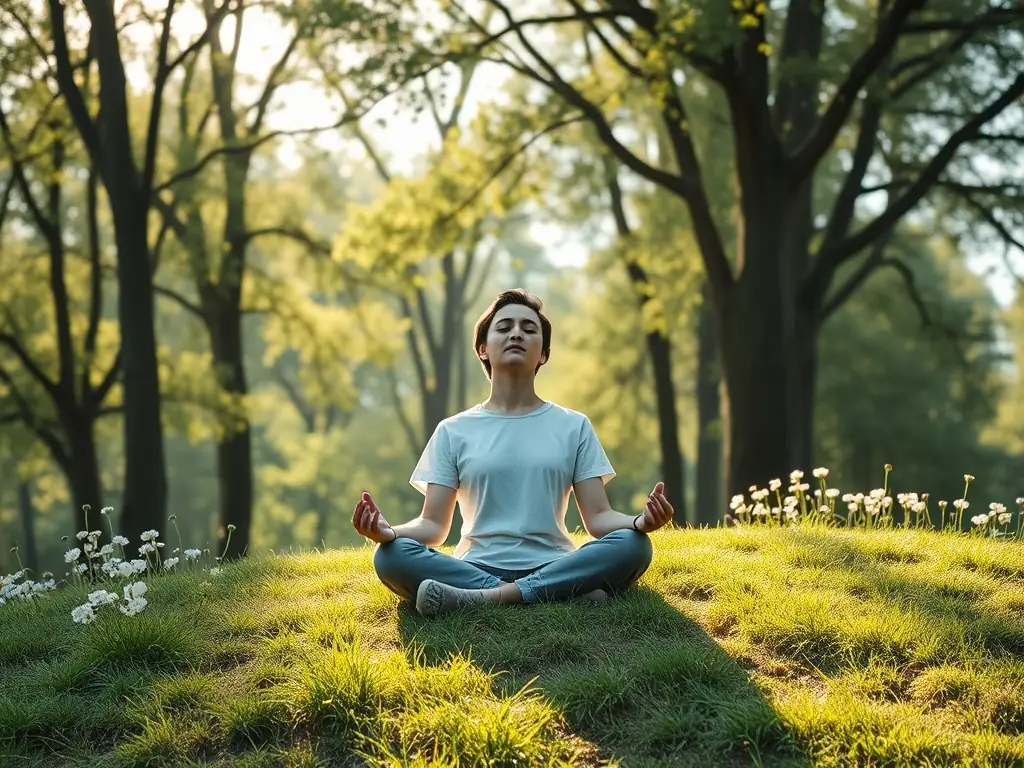 A serene image of a person meditating in nature, bathed in soft, golden light, with subtle sound waves visualized in the background, representing the calming effect of 432Hz music.